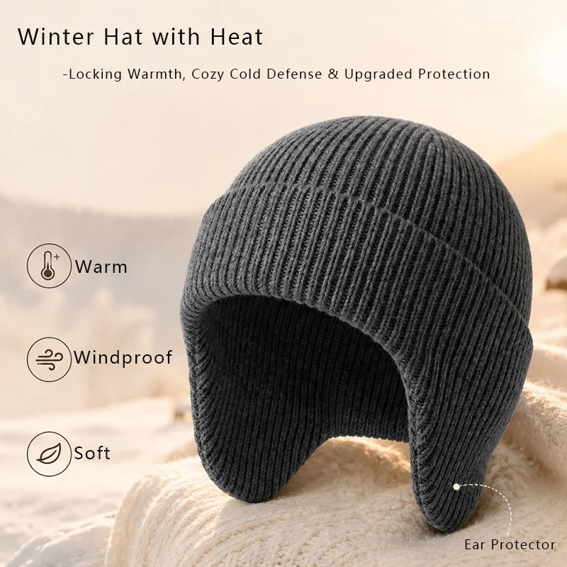 Ear Flaps Knit Beanie Hat for Men Women Winter Outdoor Cycling Warm Cap Solid Windproof Ski Thermal Hat for Cold Weather