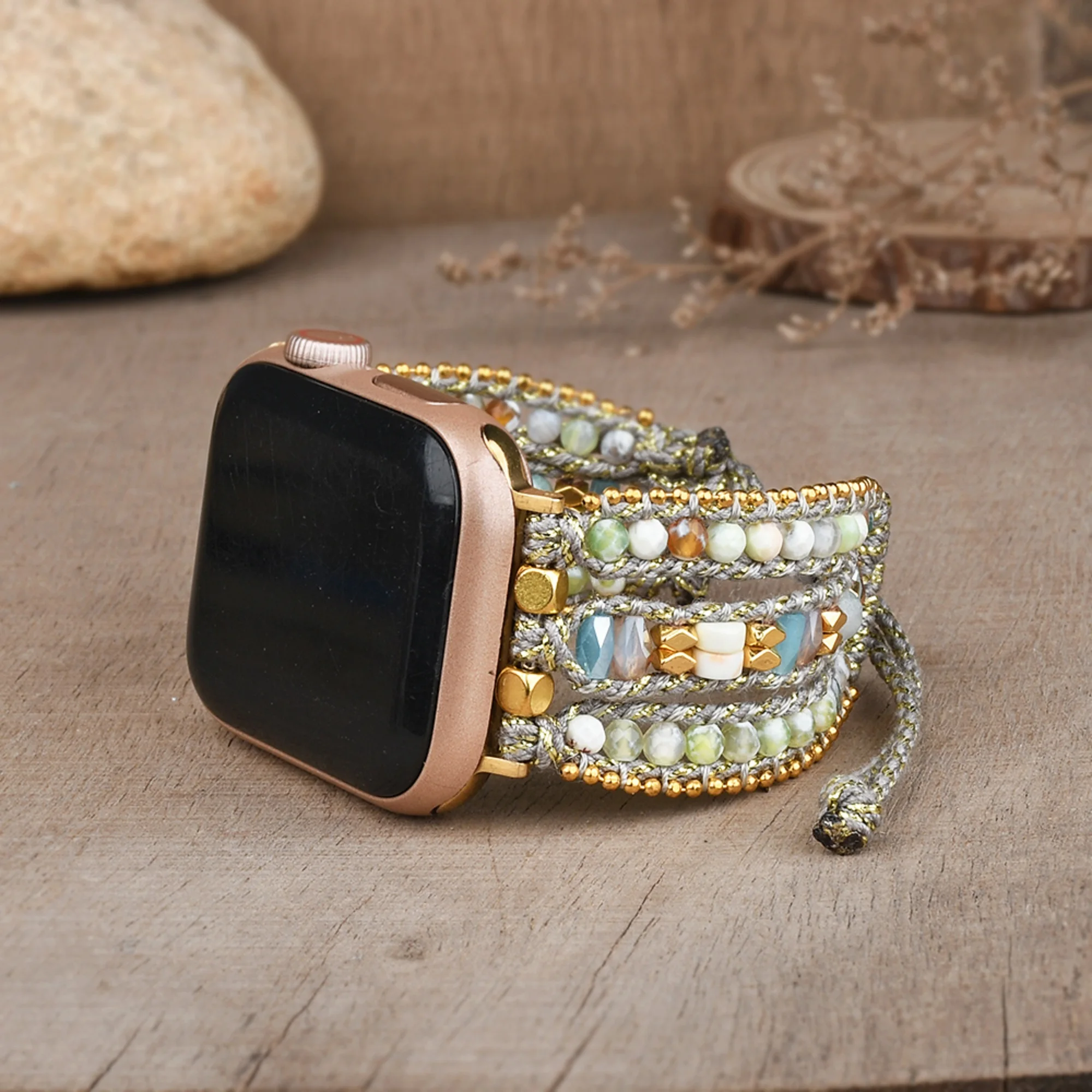 

Bohemia Natural Gemstone Beaded Apple Watch Band Handmade Bracelet Strap Crystal Beads Watch Strap for Apple Watch 38-45mm