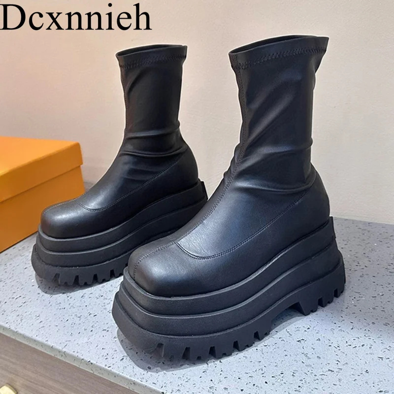 

Women Round Toe Genuine Leather Knee High Boots Flat Thick Sole Long Booties Autumn Winter Platform Shoes Ladies Short Boots