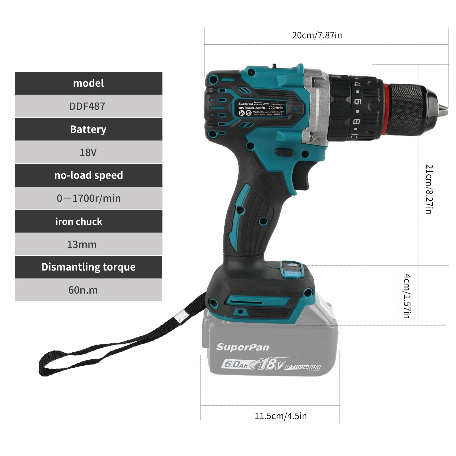 

Superpan Electric Cordless Brushless Impact Drill 487-13mm Chuck Rechargeable Power Tool For makita 18V Battery specs