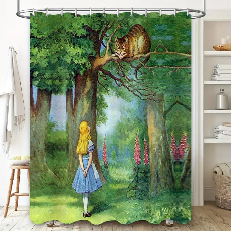 Alice in Wonderland Shower Curtain Vintage Floral Forest Backdrop Van Gogh Style Home Decor Bathroom Curtains Artistic Wall Hang