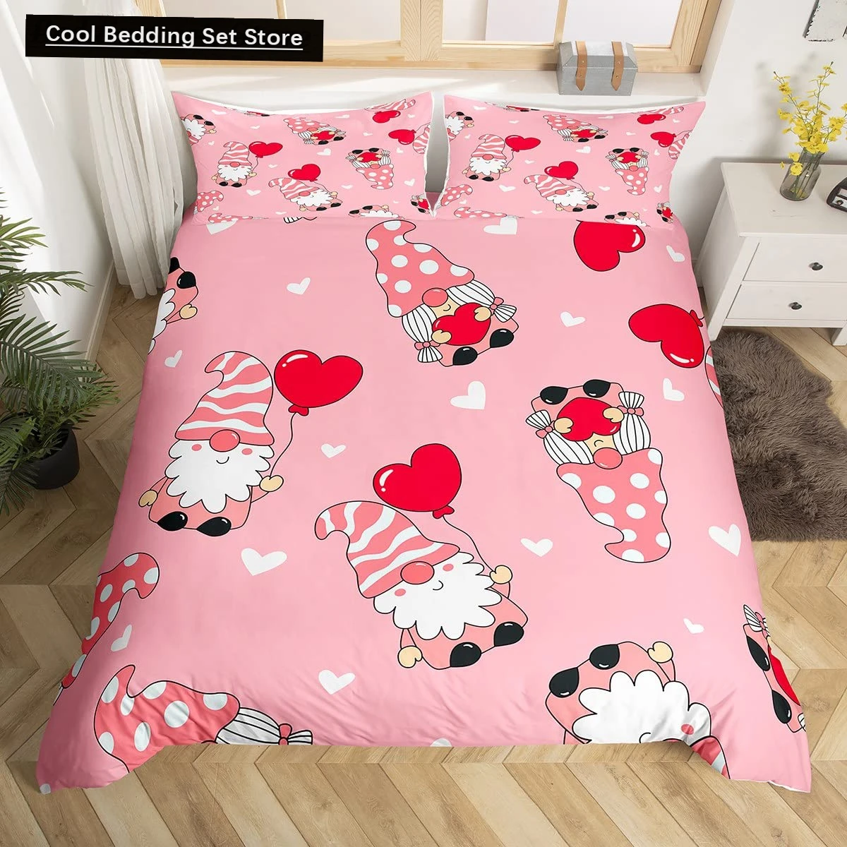 

Valentine Day Duvet Cover King Queen Romantic Gnome Polyester Comforter Cover Red Heart Balloon Bedding Set for Lovers Couples