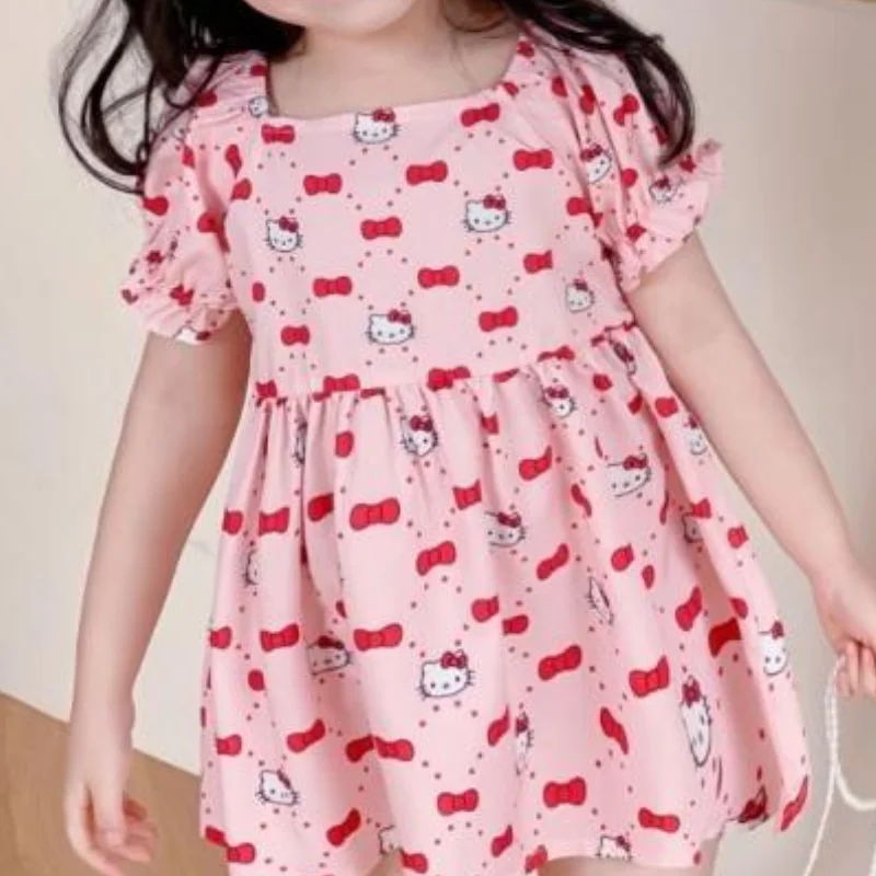 Sanrio Hello Kitty Kids Square Collar Puff Sleeves Dress Anime Cute kt Princess Dress Cartoon Cute Pleated Skirt Sweet Girl Gift