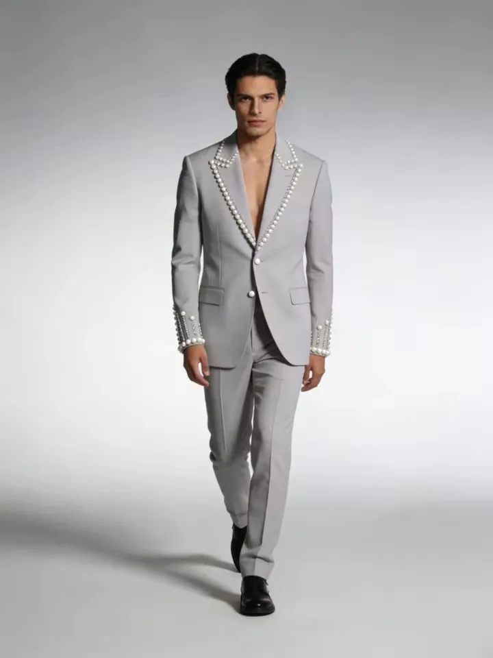 Designer Beaded Men's Suit For Wedding Single Breasted Peaked Lapel Groom Wear Tuxedos Business 2 Pcs Jacket Pants Custom Made