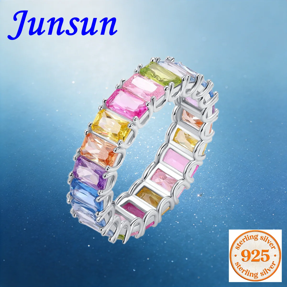 

Junsun Rainbow Zircon Ring Female S925 Silver Single Row Inlaid Colorful Treasure Ring Light Luxury Fashion