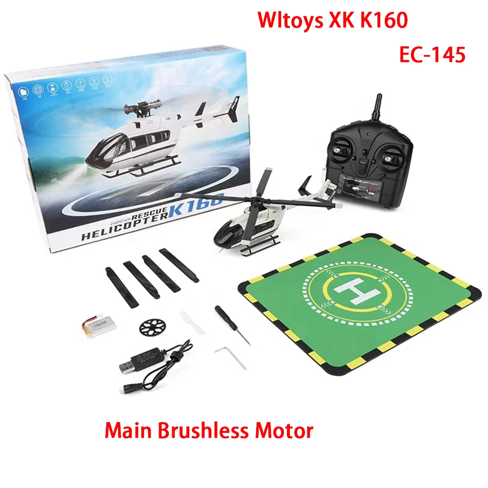 

Wltoys XK K160 EC-145 Scale 4CH 6G Gyro Altitude Hold Brushless Motor Flybarless RC Helicopter Beginner Friendly
