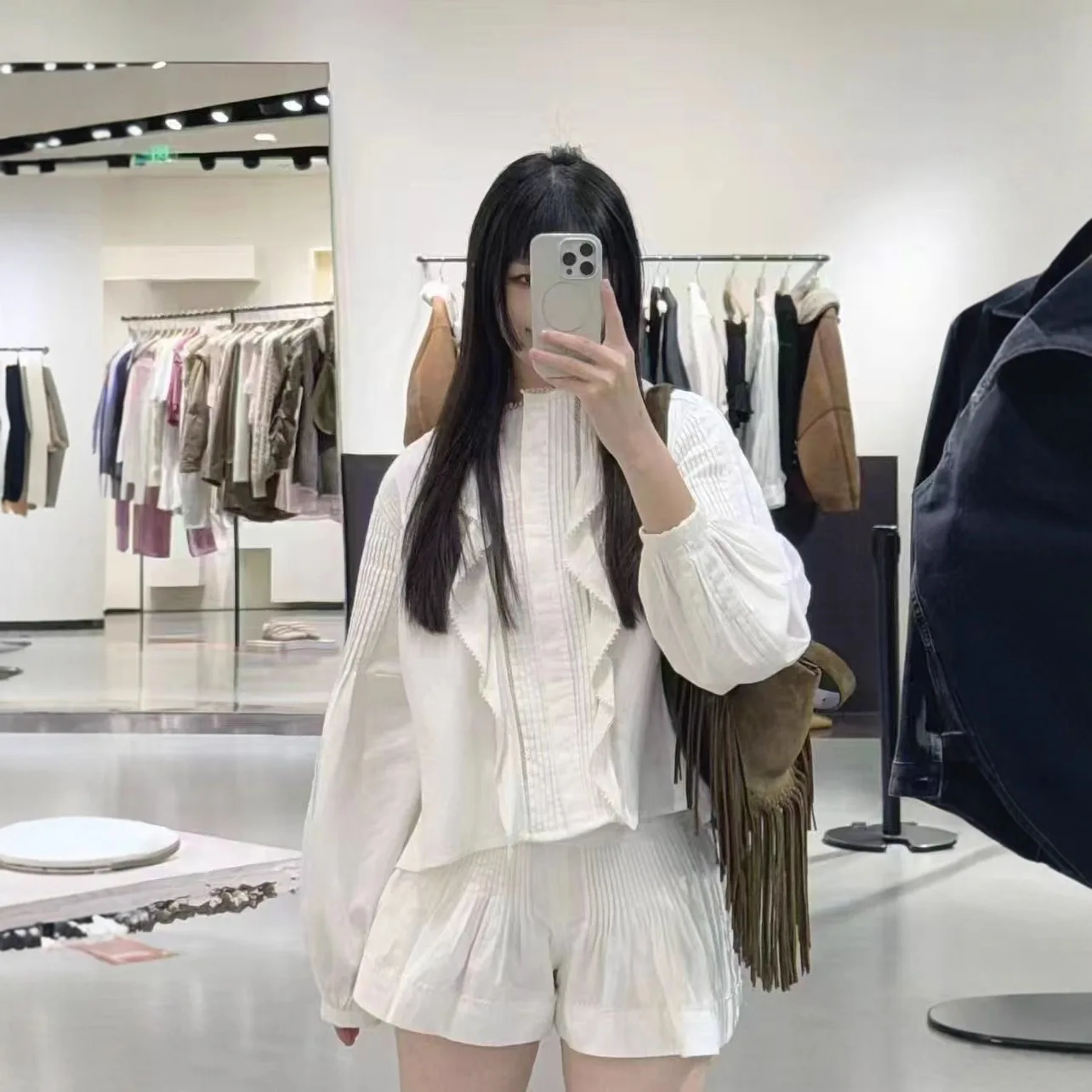 

French Sle round Ne Pleated Lantern Sve Blouse orts Set Women's Sweet Spring Summer New Arrival Cotton Blend Faion