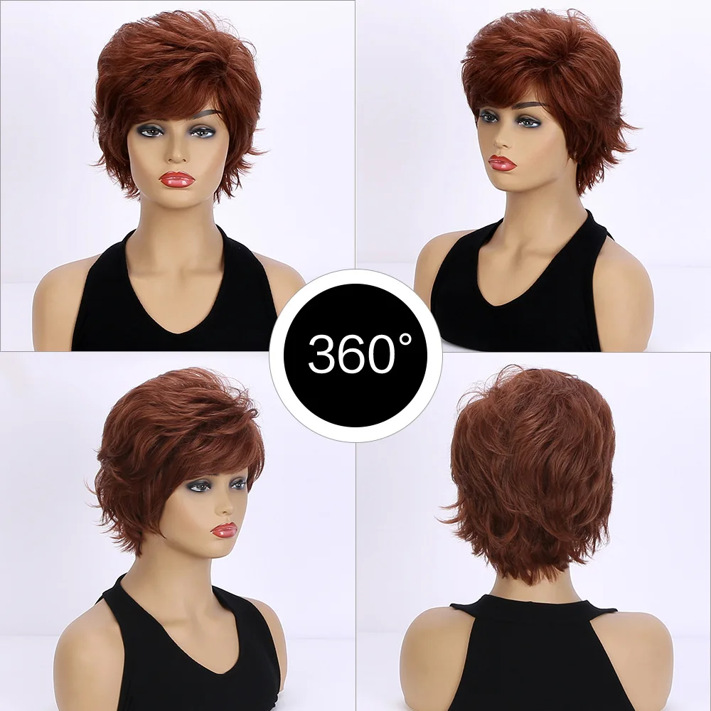 باروكات قصيرة مع غرة، شعر ناعم للاستخدام اليومي، شعر مستعار صناعي قصير بني متدرج مجعد للحفلات التنكرية للنساء