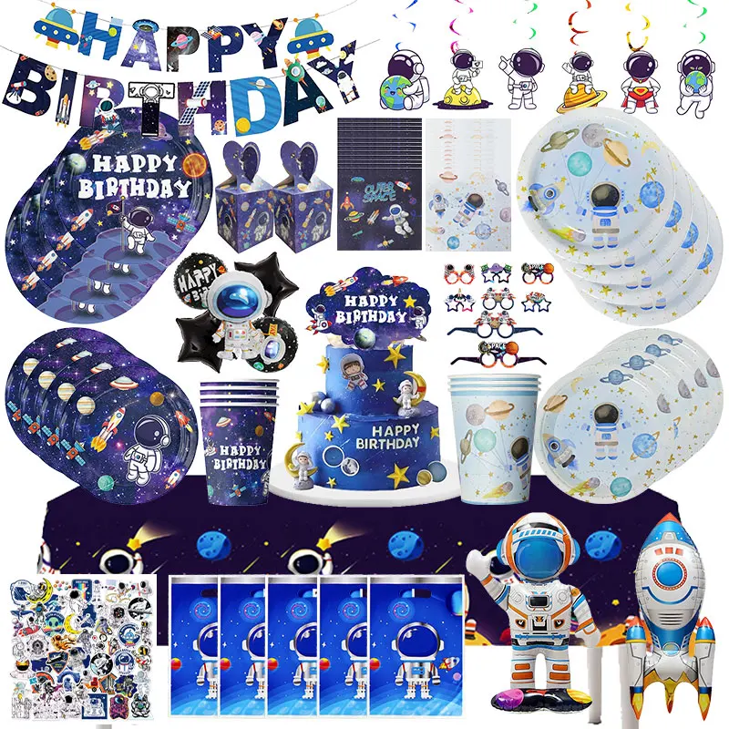 Space Astronaut Birthday Decoration Tableware Set Cups Plates Napkin Balloons Gift Bags Papa Circle for Kids Boys Party Supplies