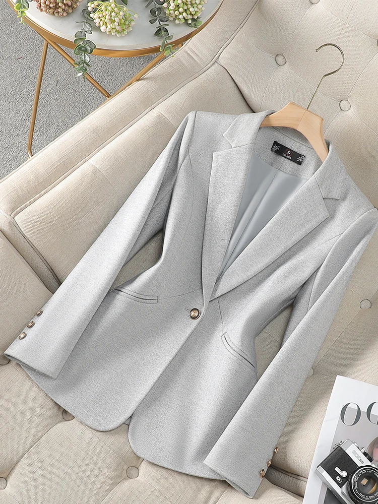 Fashion Women Blazer Ladies Gray Khaki Brown Solid Long Sleeve Female Business Work Wear Slim Formal Jacket For Autumn Winter