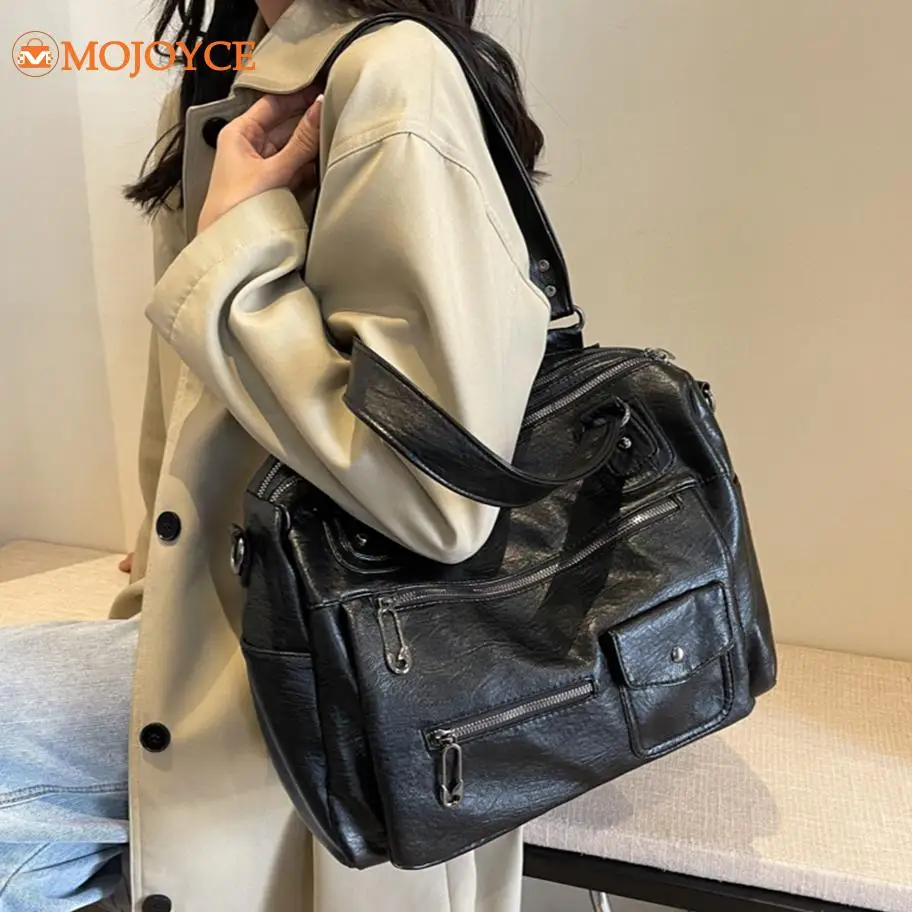 

Ladies Large Capacity Satchel PU Leather Vintage Crossbody Bag Women's Solid Color Messenger Bags Adjustable Strap Commuting Bag