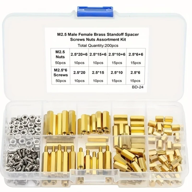 200Pcs M2.5 Hex Brass Standoff Spacer Assortment Kit Male Female Copper Pillar Screws Nuts Fastener for PCB Circuit Board DIY