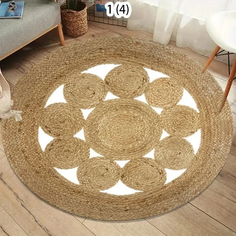 Woven Natural Round Area Rug, Spiral Stripe Circular Floor Mat, Bohemian Indoor Home Decor