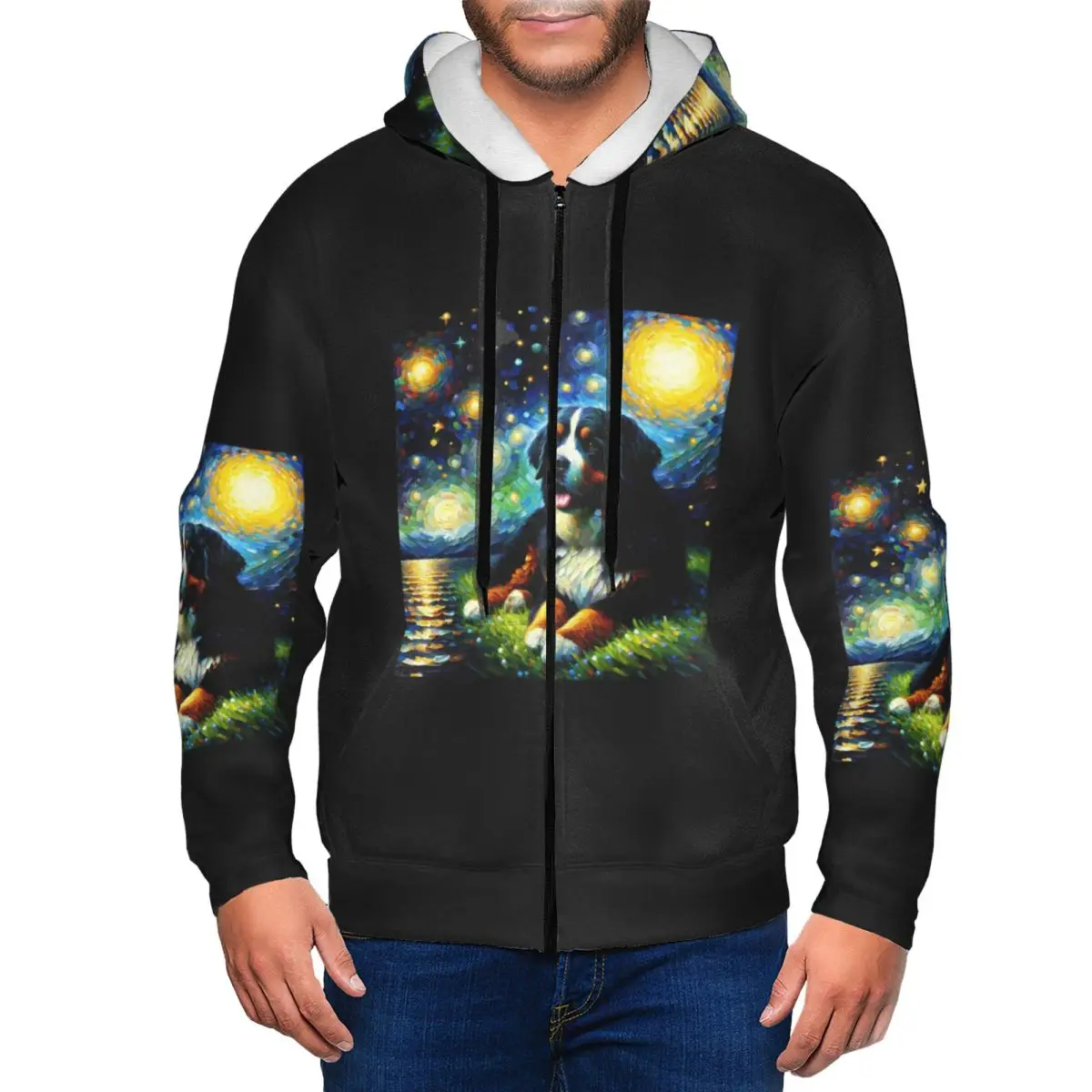 Starry Night Bernese Mountain Dog Van Gogh Lover Zipper Hoodie Pullover Autumn Winter Men's Women's Sweatshirts Long Sleeve Tops