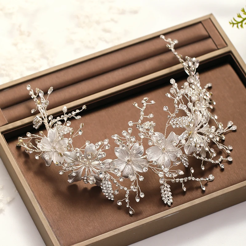 Wedding Headband Silver Color crystal Tiara Handmade Bride Headdress Flower Leaf Hair Jewelry Headband Bride Hair Accessories