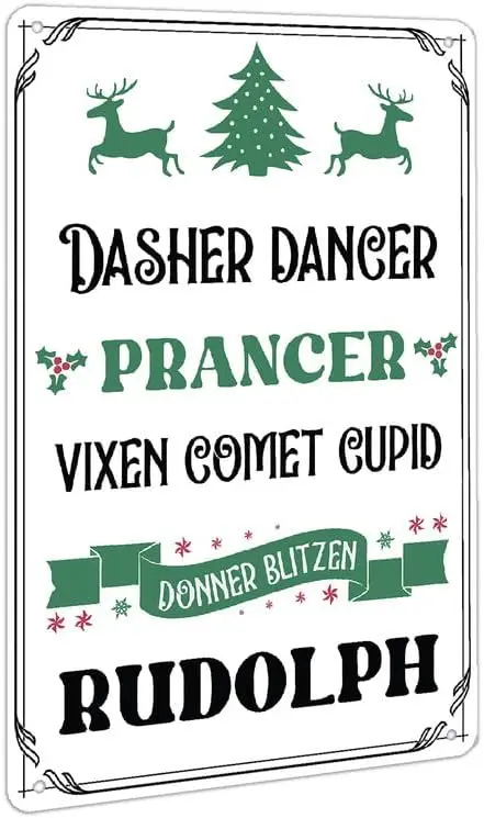 Reindeer Names Metal Tin Sign Dasher Dancer Prancer Vixen Comet Cupid Donner Blitzen Rudolph Christmas Tin Signs Decor for Home