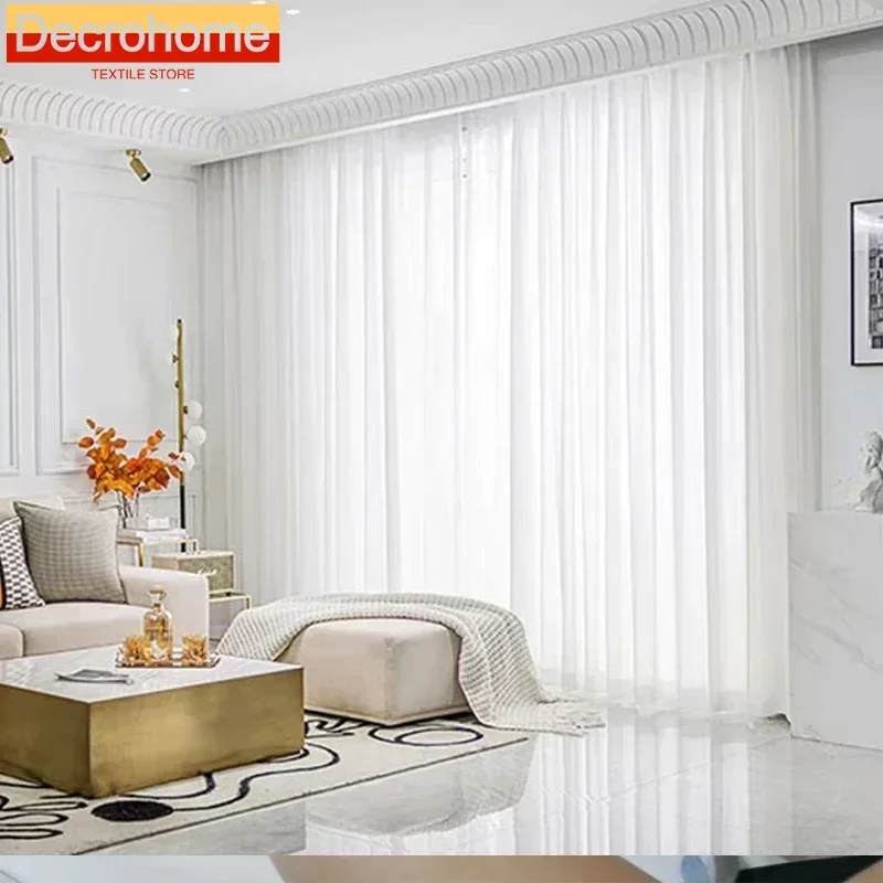 1PC White Tulle Chiffon Sheer Window Luxury Curtains for Living Room Modern Organza Drapes Bedroom Decoration Transparent Voile