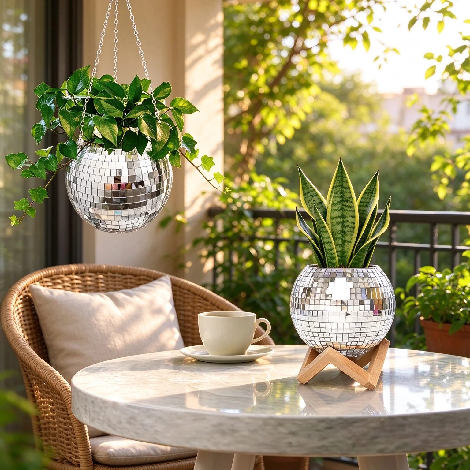 Mirror Disco Ball Hanging Planter with Wood Ring Chain, Flower Pot for Indoor Plants, Boho Wall Decor, Unique Gift for Women