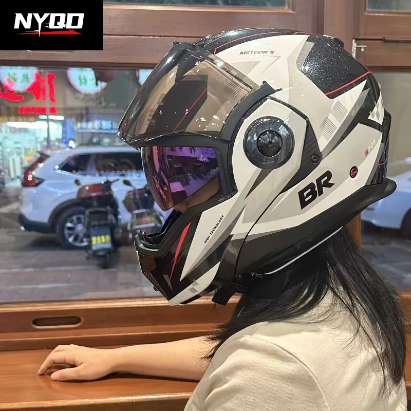 BR Motorcycle Helmets Backflip Face Helmets ECE Certified Carbon Fiber Double Lens Men Women Summer Cruise Locomotive Casco Moto
