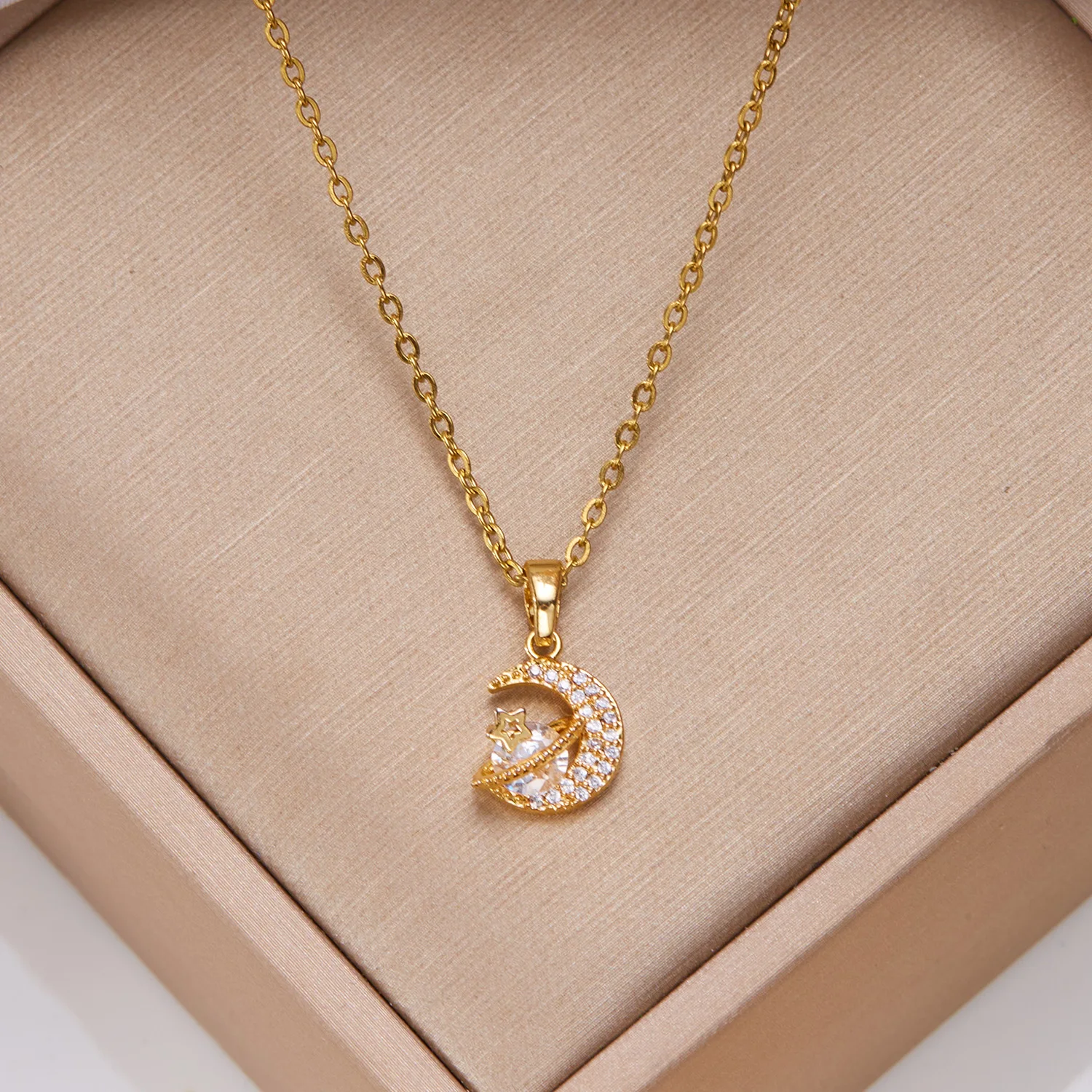 Stainless Steel Inlaid Zircon Moon Star Pendant Necklace For Women Lucky Turkish Evil Eye Clavicle Chain Choker Party Jewelry
