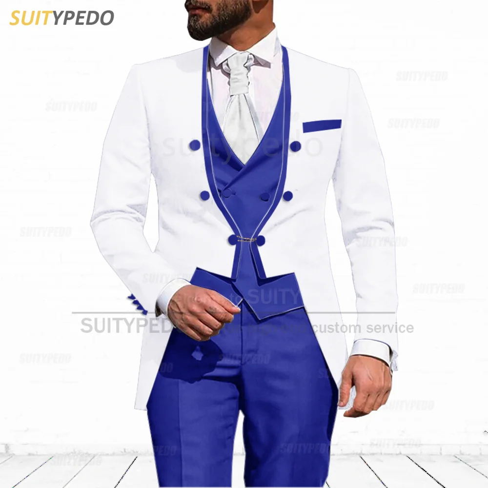 

New Royal Blue Suit Sets For Male Evening Dinner Elegant Blazer Vest Pants Three Pieces Piano Performance Men Formal Outfits