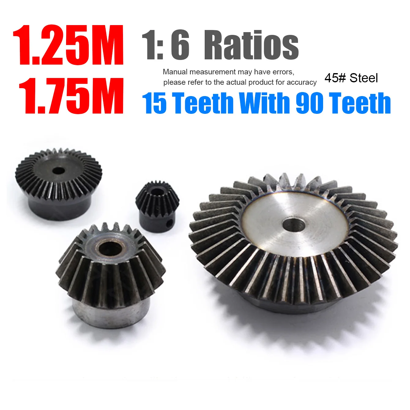 1Set Ratios 1:6 1.25M/1.75M 45 # Steel  Precision Bevel Gear Combination 90-degree Transmission Bevel Gears 15Teeth +90Teeth