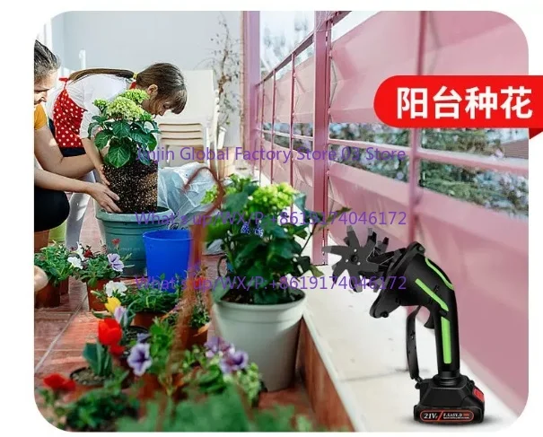 Lithium-ion Battery Powered Tiller Cordless Mini Cultivator Handheld Electric Soil Miller for Home Gardening and Flower Planting