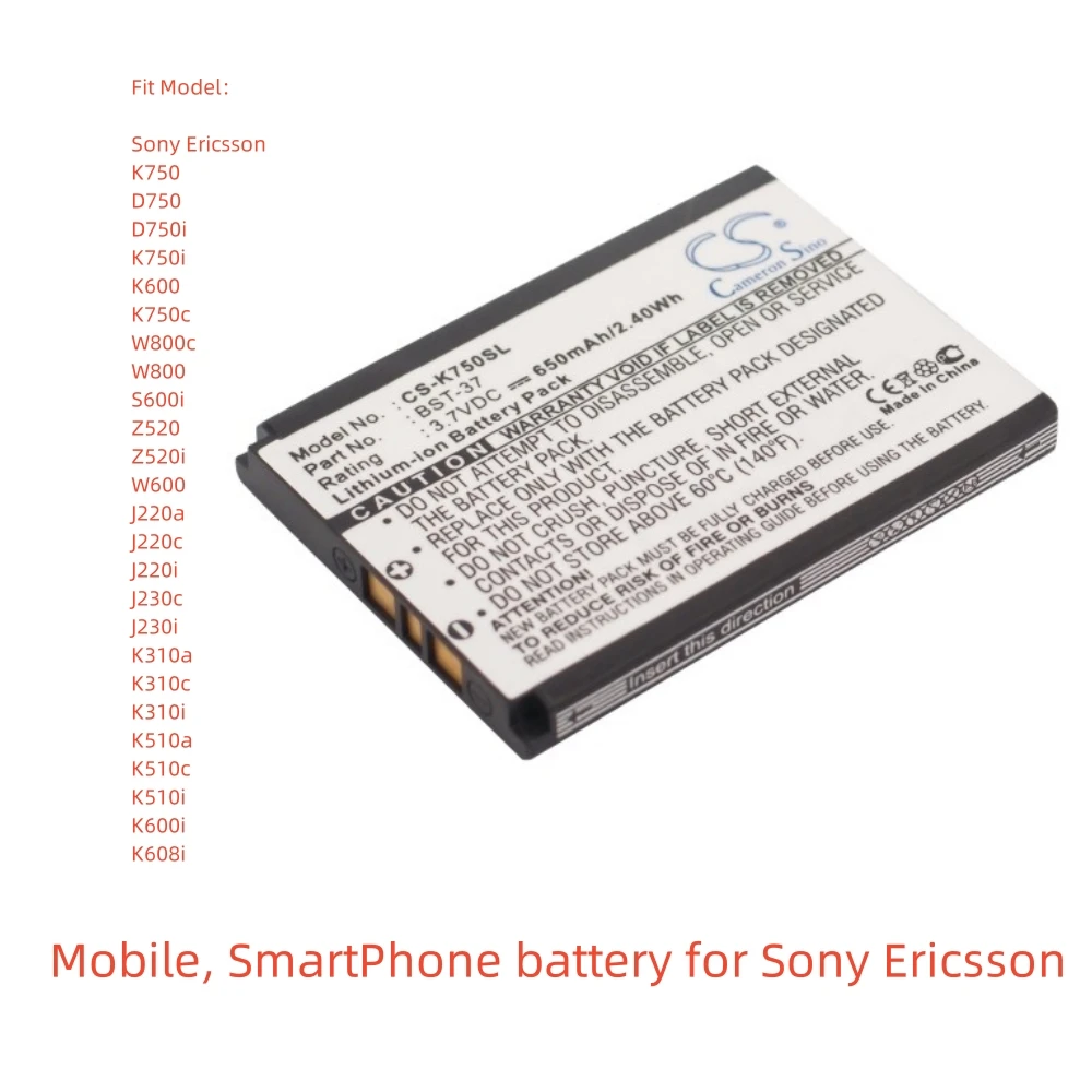 

Li-ion Mobile, SmartPhone battery for Sony Ericsson,3.7V,650mAh,D750i K600 K750c W800c S600i Z520i W600 J220a J230i K310i K510c