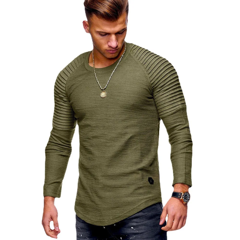 

MRMT 2024 Brand New Men's Solid Color Slim Fit Round Neck Long Sleeve T-Shirt Fashion Shoulder Pleated Sports Men's T-Shirt