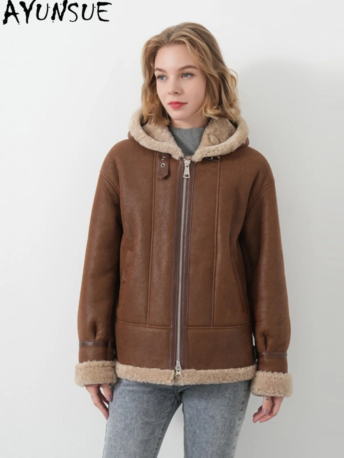 AYUNSUE manteau de fourrure de mouton naturel veste en cuir véritable vêtements d'hiver femmes 2025 laine d'agneau vestes de moto femme Streetwear