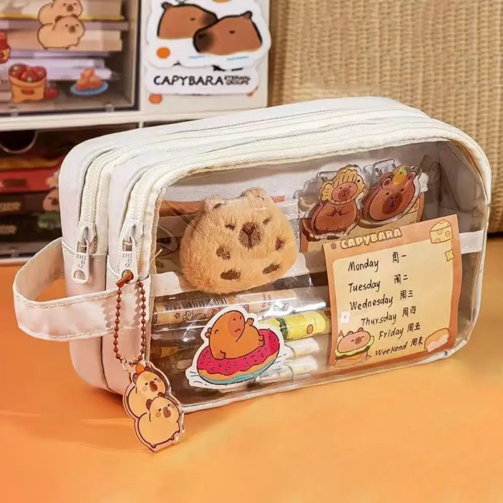 Creative Capybara Pen Case 5 Layers Large Capacity Capybara Pen Holder Transparent with Front Pocket Zipper Pencil Pouch