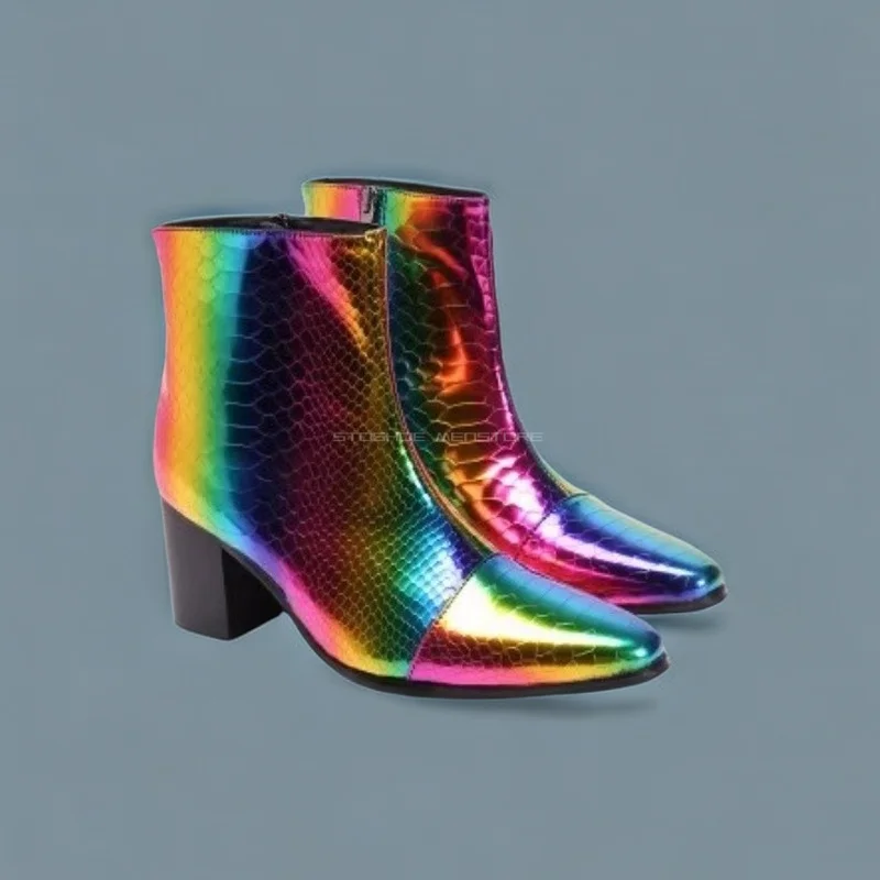 

8Cm High Heels Pointy Men's Rainbow Color Chelsea Boots Fashionable Youth Stage Performance Shoes Banquet Short Ankle Boots