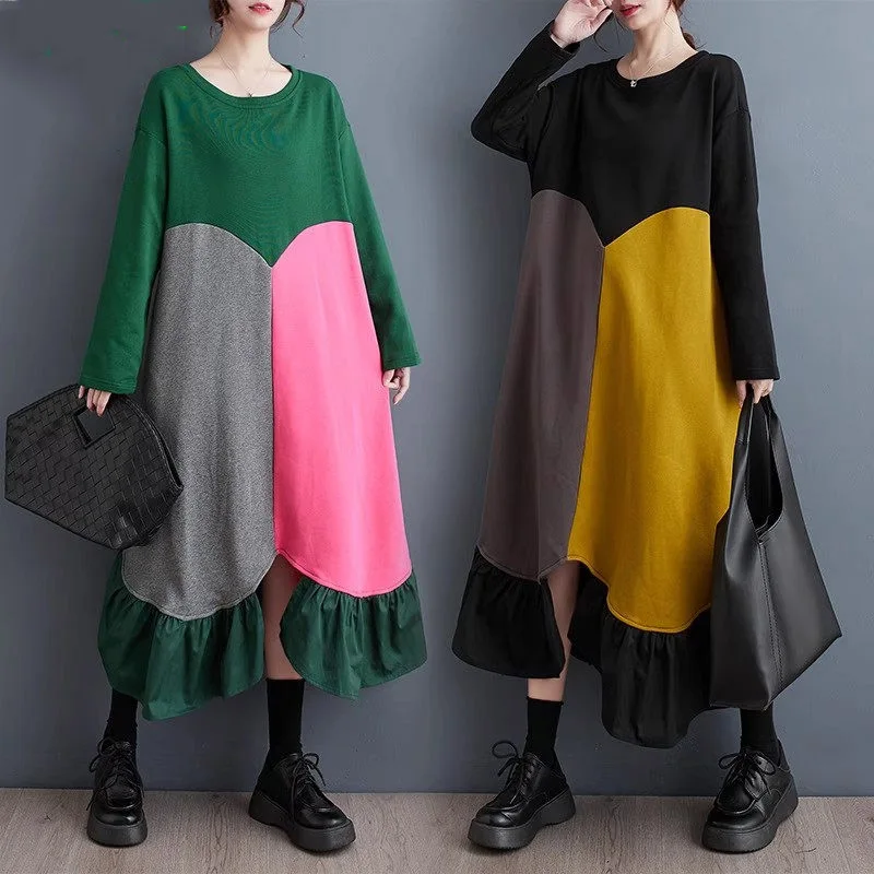 

2023 Autumn Women's Clothing Korean Loose Oversized Fashionable Mid Length Art Retro Dress Contrast Color Round Neck Dress C092