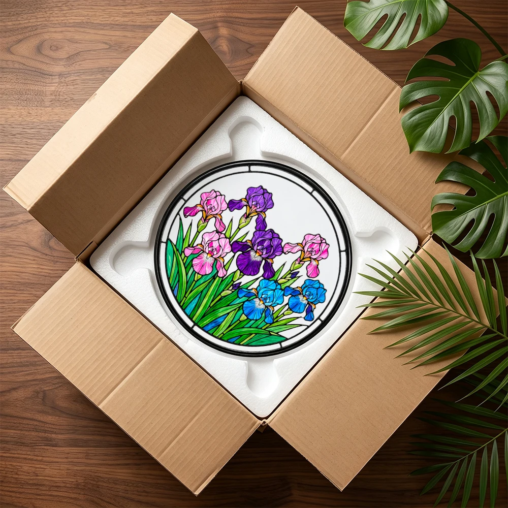 Stained Glass Suncatcher Round Tropical Sunset Beach Palm Tree Hibiscus Flower Window Hanging Decor Home Garden Gift