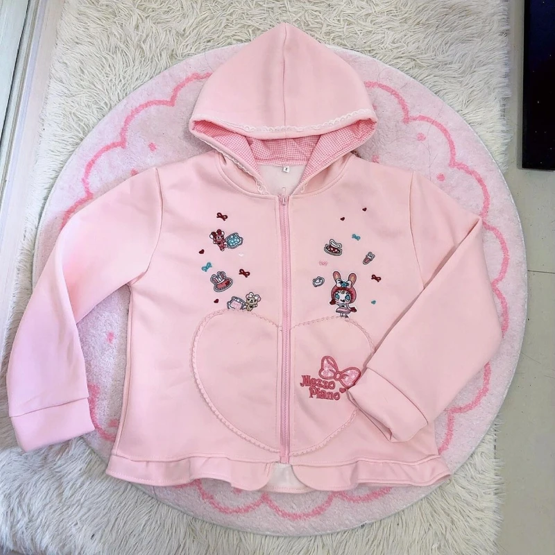 Japanese Kawaii Cartoon Embroidery Hoodies Women Pink Top Lace Patchwork Jacket Y2k Aesthetic Loose Zipper Sweatshirt Harajuku