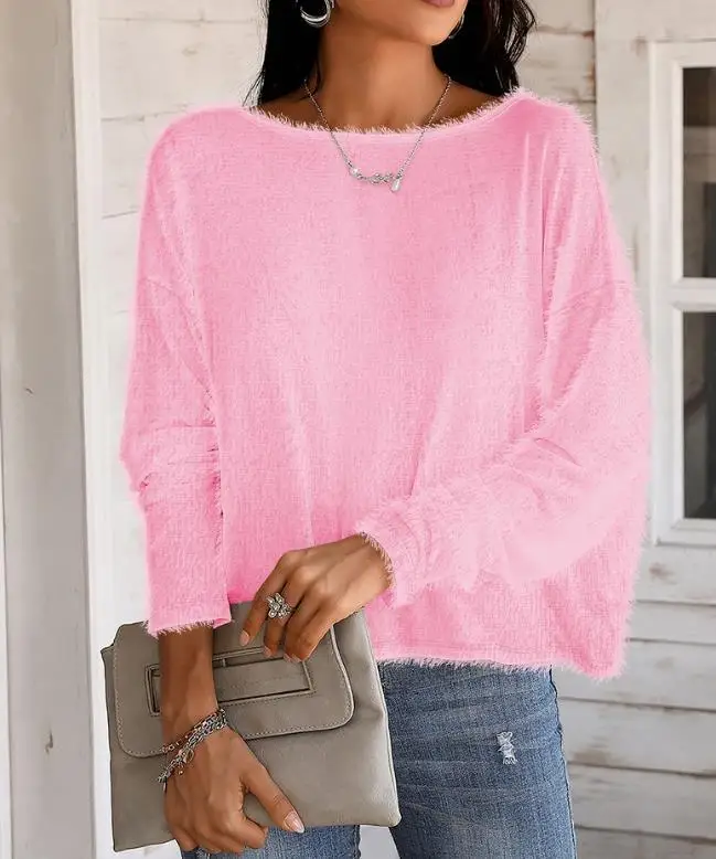 Fashion Woman Blouse 2023 Spring Beaded Strap Twisted Backless Casual Round Neck Plain Long Sleeve Daily Basic Fuzzy Tee Top