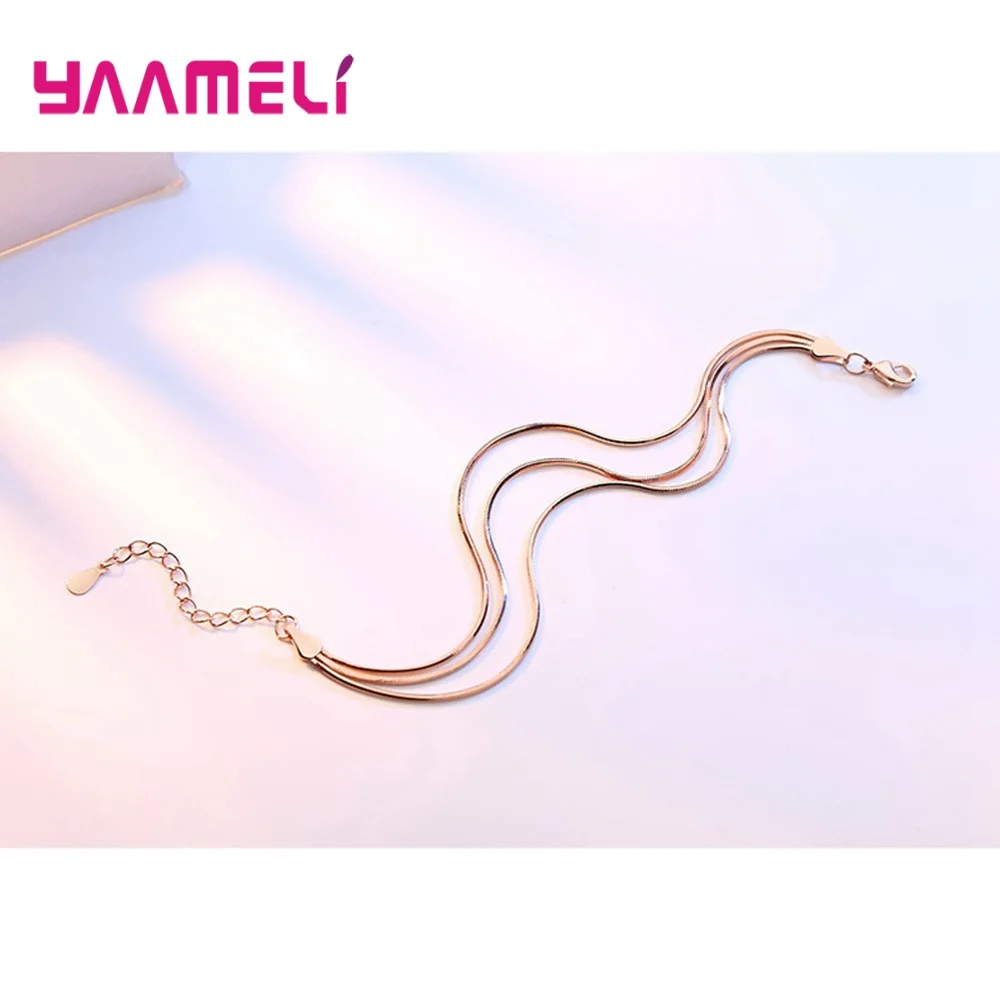 Charming Multilayers Snake Chain Bracelets for Man Woman Smooth 925 Sterling Silver with Extender Chain/Lobster Clasps