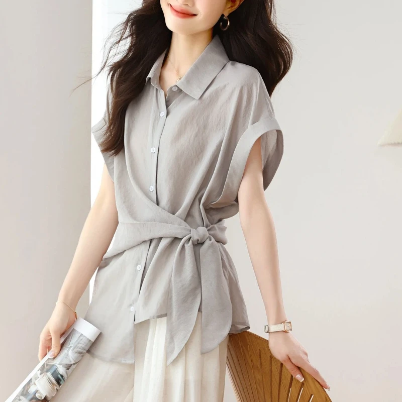 Women Tie Waist Irregular Short Sleeve Shirt Lyocell Slim Design Summer Blouse