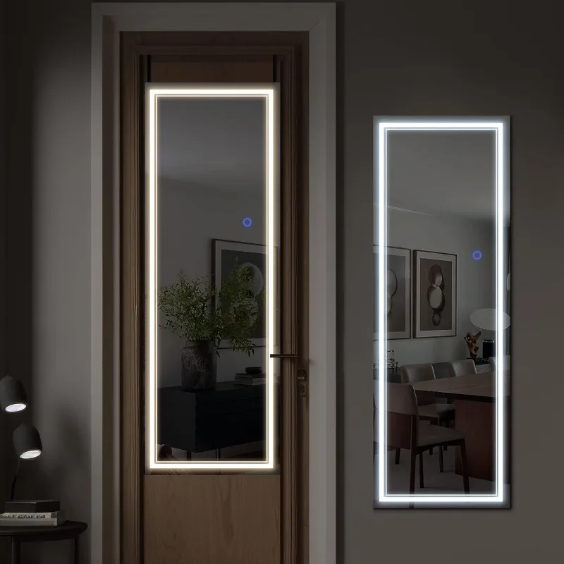 

51 x 18 Inch Over The Door Mirror with LED Lights, Wall-Mounted Mirror, Color Dimmable & Brightness Adjustment Full Length