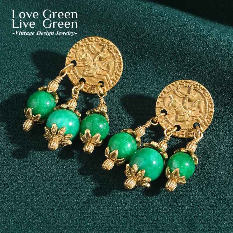 

Vintage Green Stone Drop Earring Round Antique Gold Color Coin Luxury Jewelry For Woman Accessories Wedding Christmas 2025 New