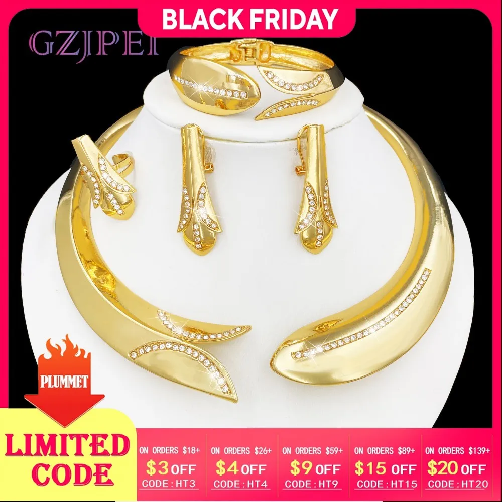 

GZJPEI 2025 New Women Jewelry Set Brazil Nigeria Gold Plated Wedding Jewellery Hight Quality Choker Necklace Open Cuff Bracelet