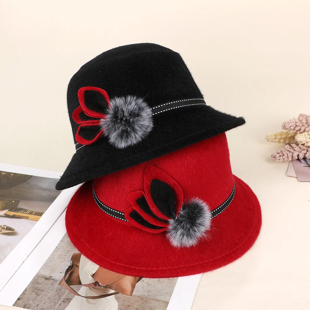 Vintage Elegant Fedoras Cap With Flower Ladies Dome Hat Autumn Winter Wool Hats Sun Hat Casual Basin Hat Bowler Hat Version