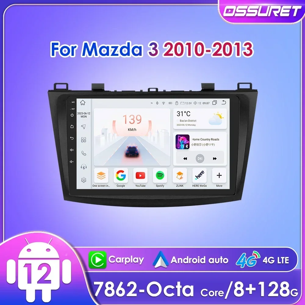 Ossuret-Autoradio pour Mazda 3, lecteur de limitation, CarPlay, 4G, BT, RDS, DSP, navigation GPS, unité de sauna, Android, 2Din, UI7862, 9 pouces, 2010 - 2013