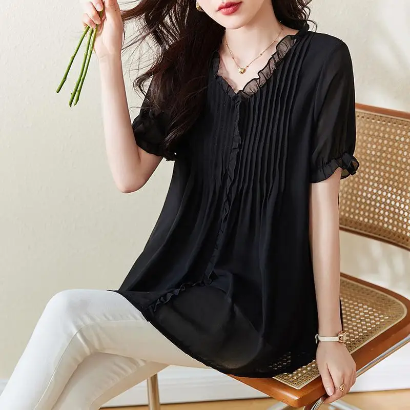 

Commute Pleated Solid Color Blouse Summer Short Sleeve Stylish Edible Tree Fungus Basic Female Clothing Elegant V-Neck Shirt New