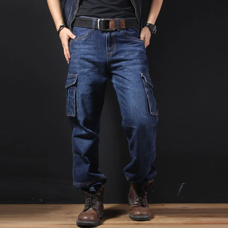 Idopy Men`s Casual Motorcycle Workwear Multi Pockets Denim Biker Cargo Jeans Pants For Male Plus Size