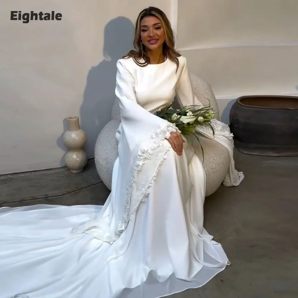 

Арабские свадебные платья Eightale с V-образным вырезом, 3D кружевом, в стиле русалка, мусульманские, с пуговицами, белые, цвета слоновой кости, на заказ