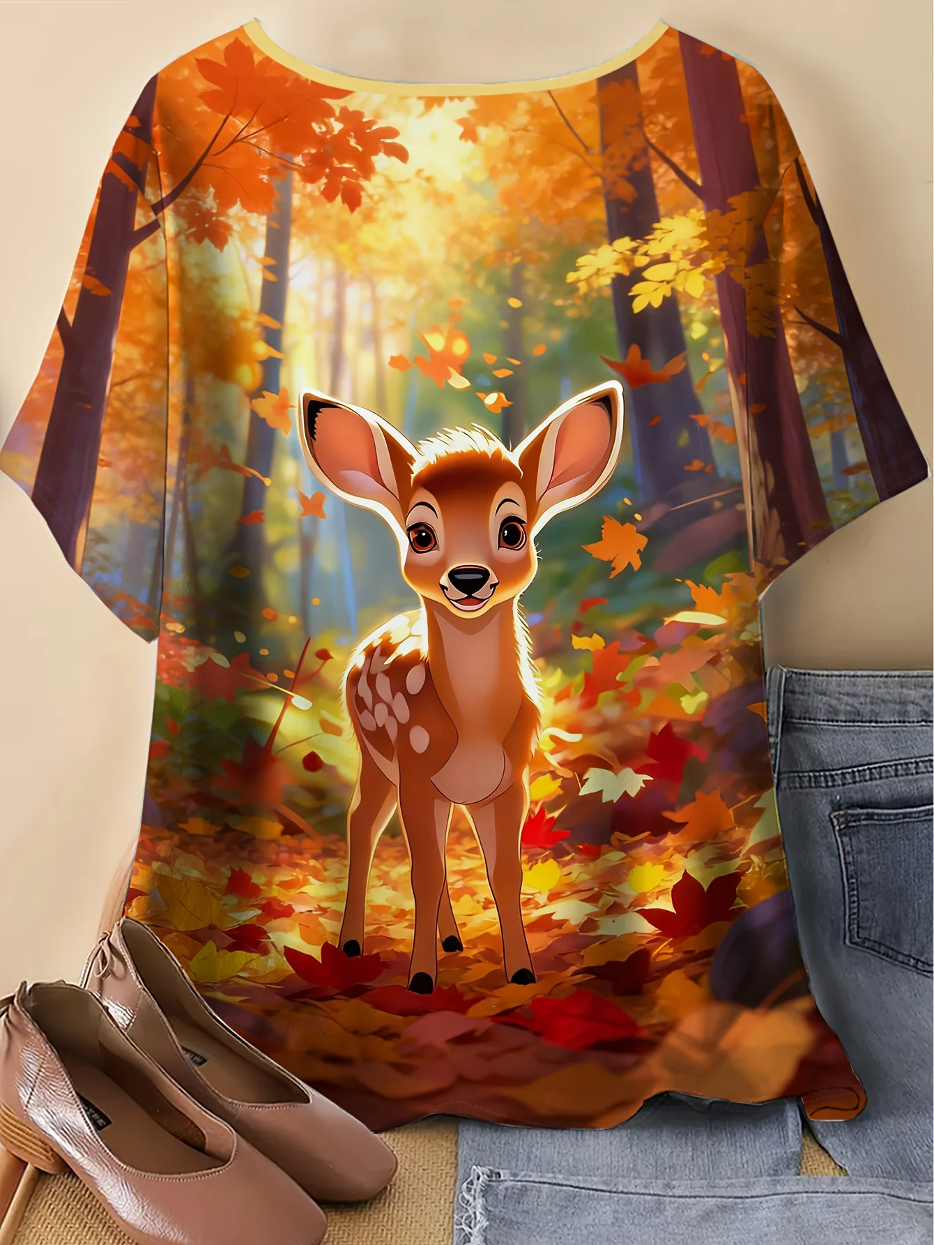 Women Crew Neck Short Sleeve T‑Shirt, Cute Fawn Autumn Forest Maple Leaf Nature Art Graphic Casual Tee
