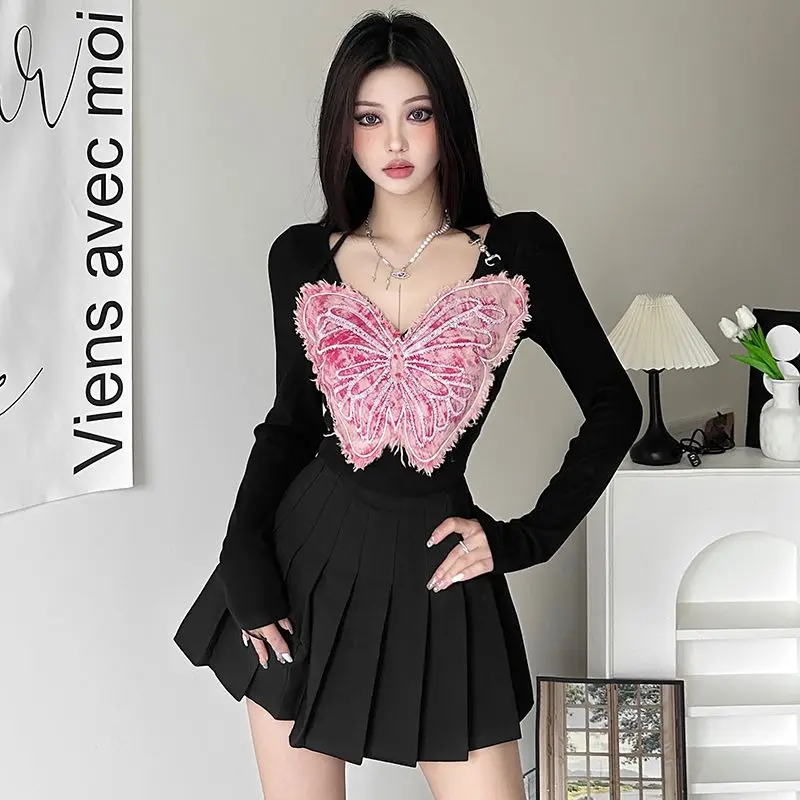 Sweet Spicy Contrasting Large Butterfly Thread Splicing Short Style Slim Fit Long Sleeved Temperament Slimming Top for Women