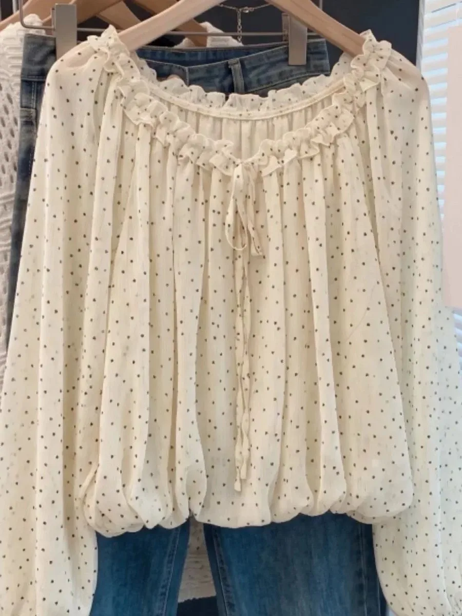 Summer New Polka Dot Chiffon One Shoulder Long Sleeve Shirt Women's Loose Fit Fashionable Korean Style Big Size Clothing