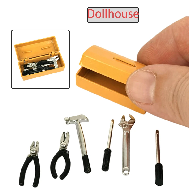 1Set Puppenhaus Miniatur Werkzeugkasten 【Werkzeugkasten + 6 Werkzeuge】Handgefertigte Werkzeuge Sets Modell Möbel Zubehör Puppenhaus Dekor Spielzeug Geschenk